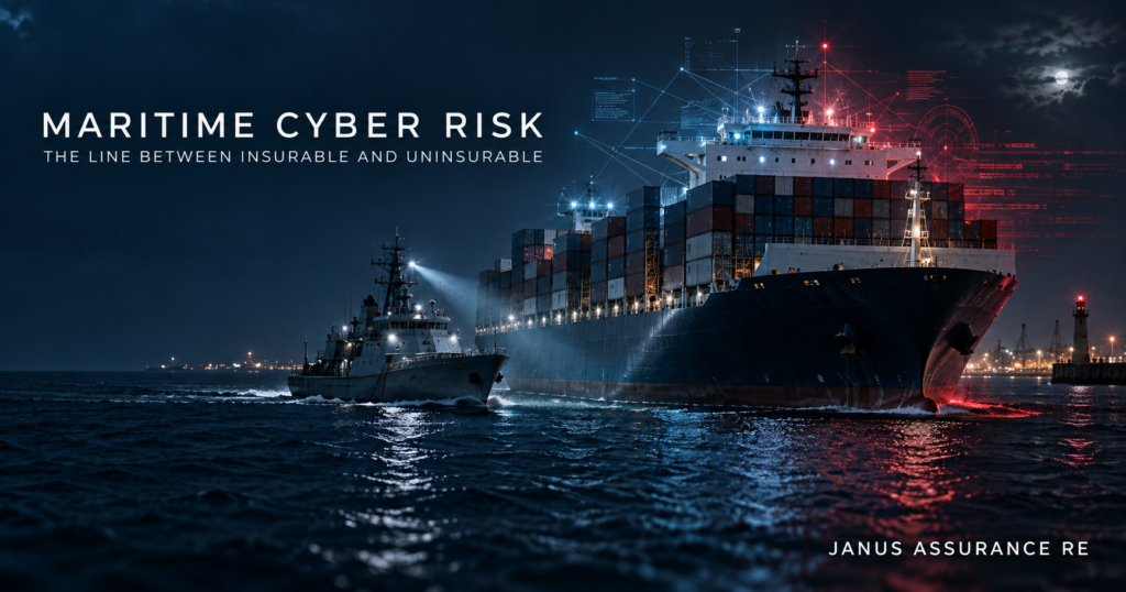 Container ship and naval patrol vessel entering port at night with a glowing digital network overlay, illustrating maritime cyber risk