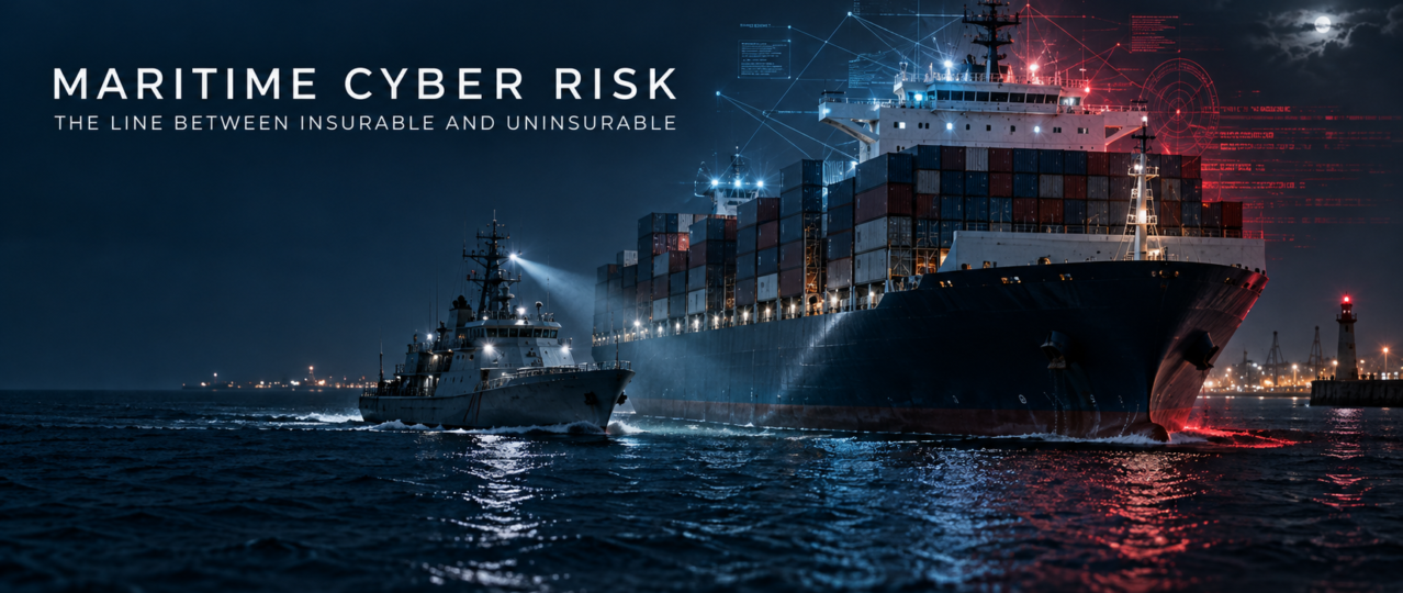 Container ship and naval patrol vessel entering port at night with a glowing digital network overlay, illustrating maritime cyber risk
