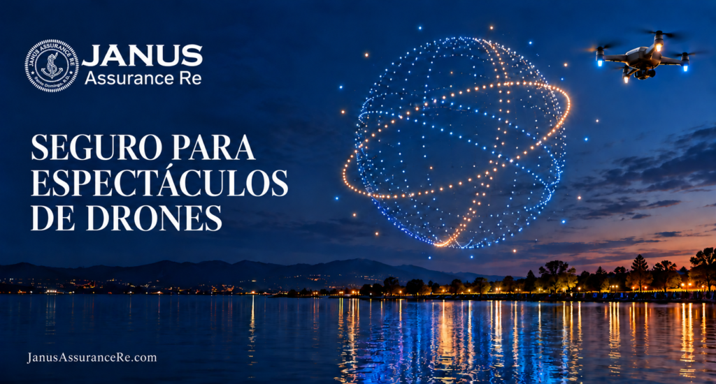 Enjambre de drones iluminados que forma un globo sobre un lago al anochecer, ilustrando el seguro para espectáculos de drones de Janus Assurance Re
