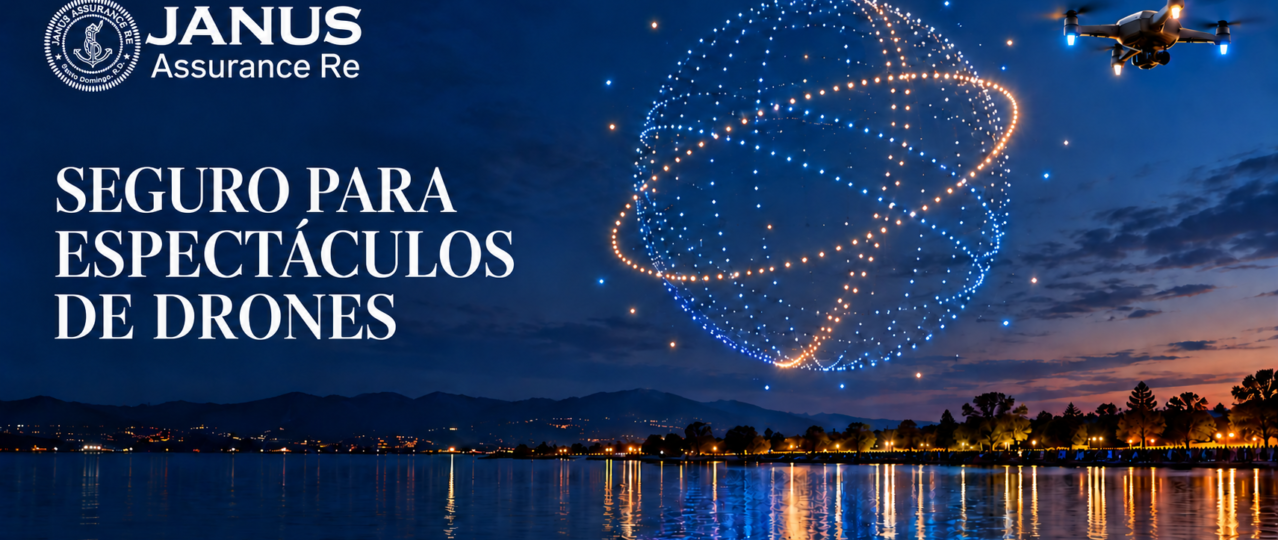 Enjambre de drones iluminados que forma un globo sobre un lago al anochecer, ilustrando el seguro para espectáculos de drones de Janus Assurance Re