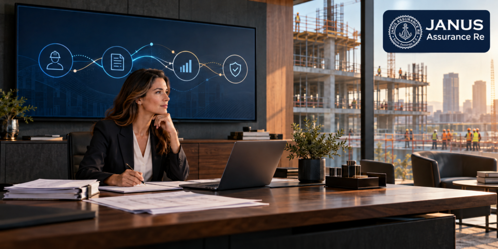 Surety underwriter at a desk reviewing contractor financials on a laptop, with a workflow diagram on a wall screen and a high-rise construction site visible through the office window; Janus Assurance Re logo in the corner. Embedded distribution of insurance and surety bonds.