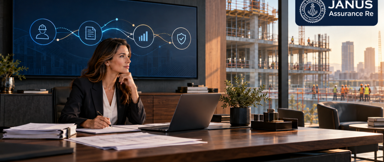 Surety underwriter at a desk reviewing contractor financials on a laptop, with a workflow diagram on a wall screen and a high-rise construction site visible through the office window; Janus Assurance Re logo in the corner. Embedded distribution of insurance and surety bonds.