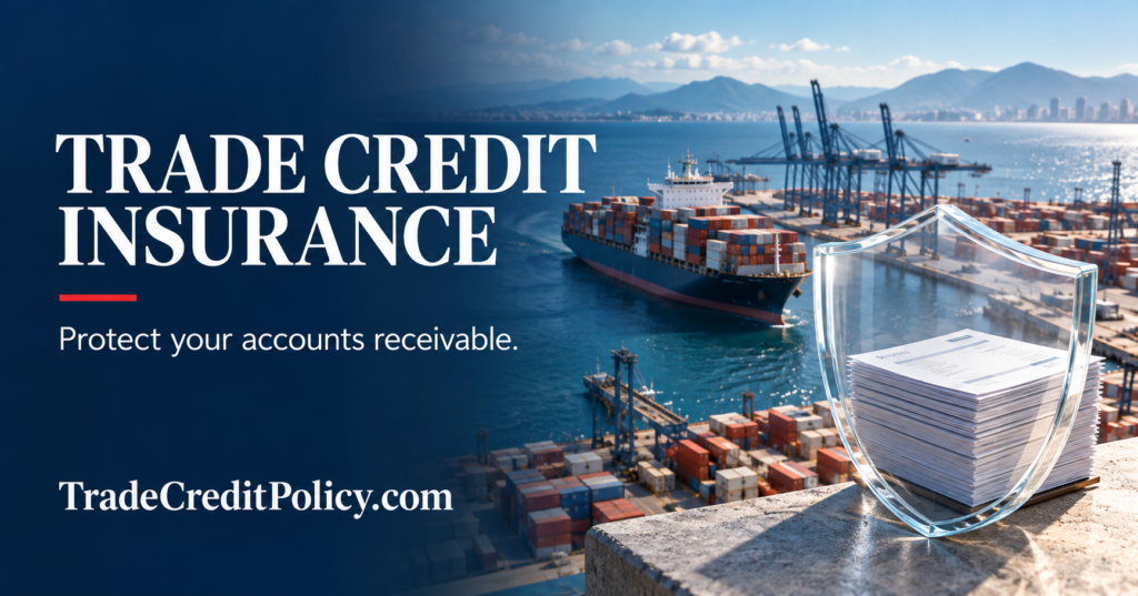Trade credit insurance shields a stack of invoices as a container ship departs a busy port — TradeCreditPolicy.com