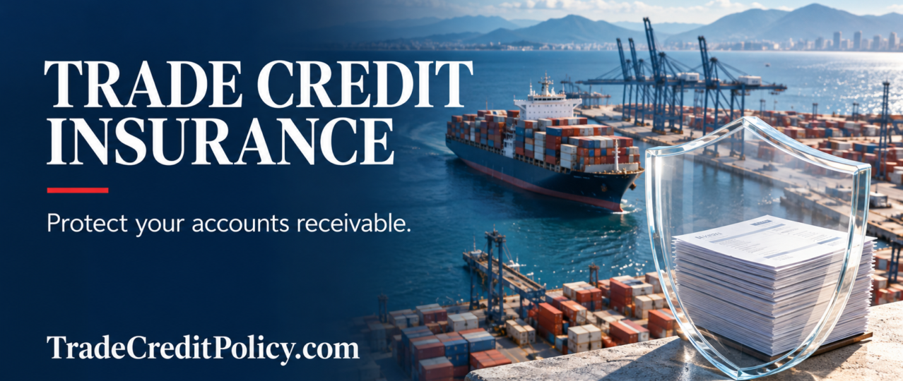 Trade credit insurance shields a stack of invoices as a container ship departs a busy port — TradeCreditPolicy.com